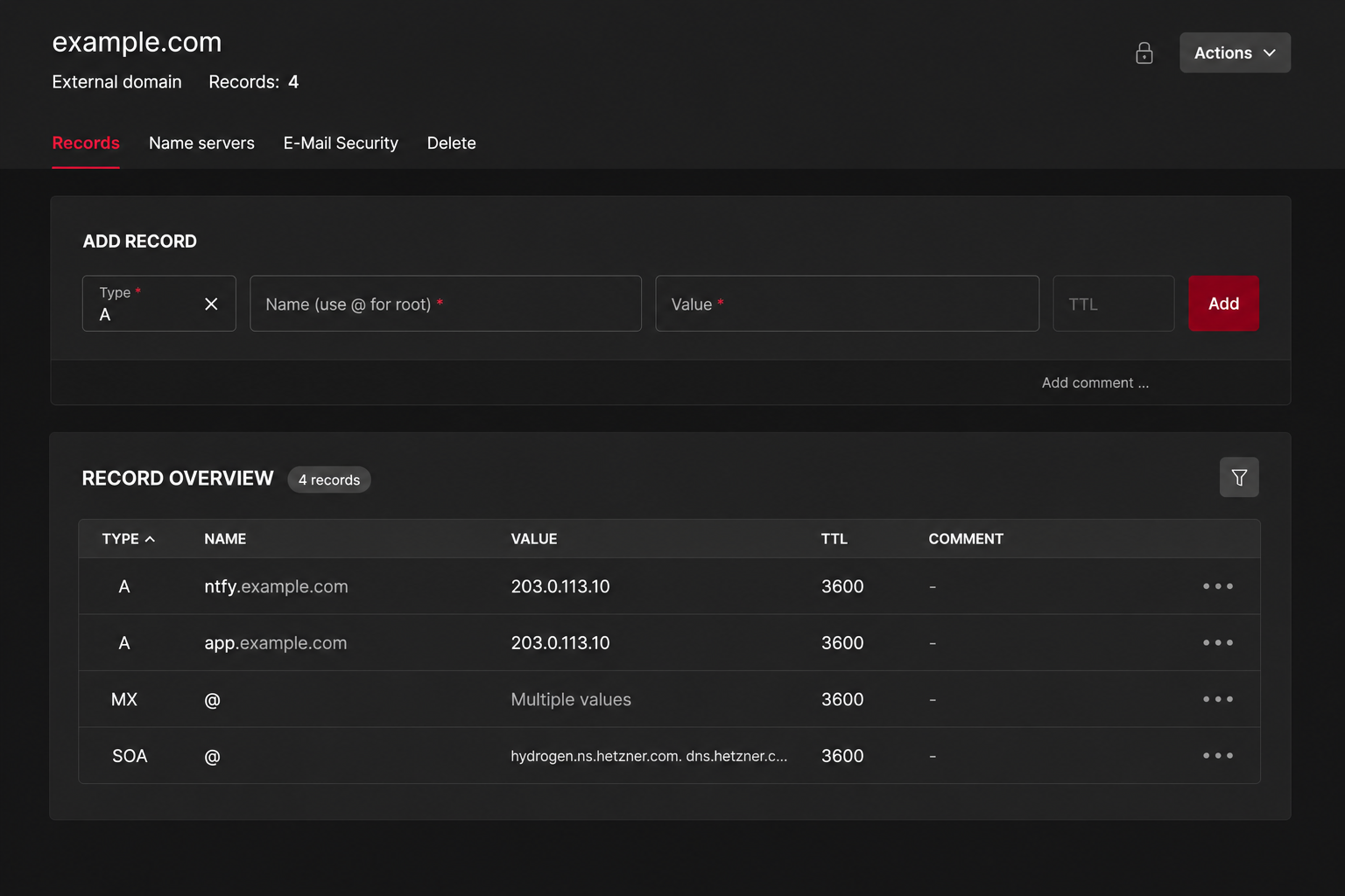 DNS A records for ntfy and app subdomains in Hetzner Console. Both point to the same server IP.