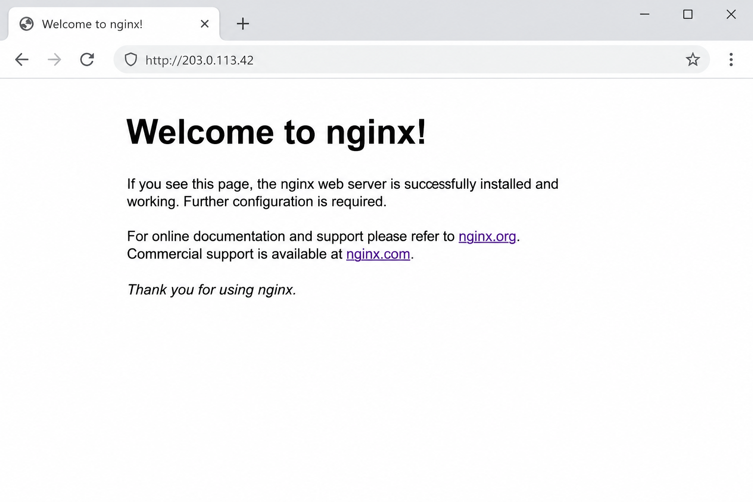The default Nginx welcome page after installation. It means Nginx is running and port 80 is reachable.